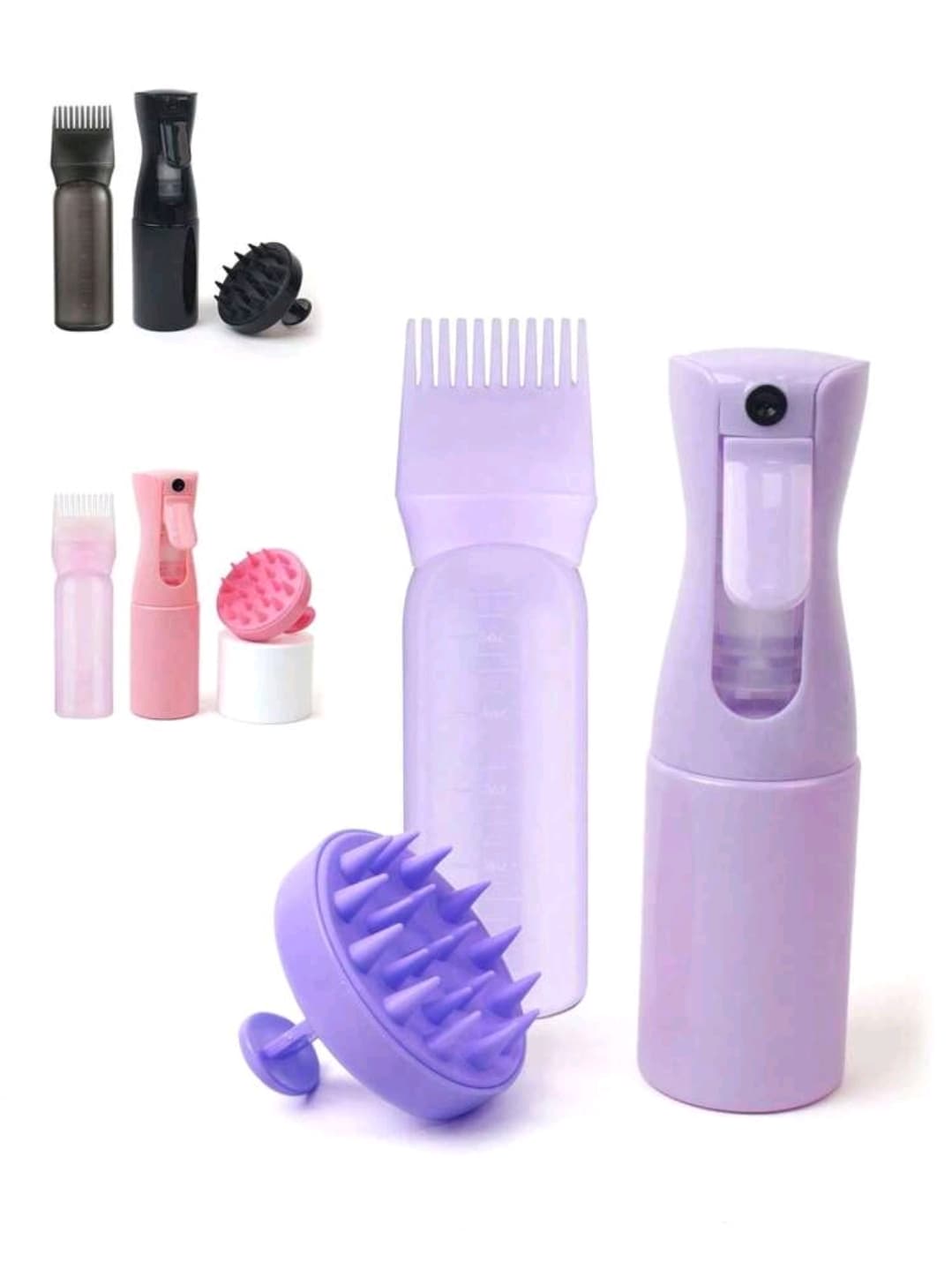 3 Pieces/Hair Care Set, Spray Bottle, Hair Applicator Bottle And Hair Scalp Massage Brush, Root Comb Applicator Bottle, Hair Color Applicator Hair Applicator Bottle - Scalp Scrubber Head Massager For Stress Relaxation Hair Growth, Shower Hair Brush For Women Men--Makes Hair Wash Day Easier And Faster, Suitable For Home Salon Hair Styling (Black) (Pink) (Purple)