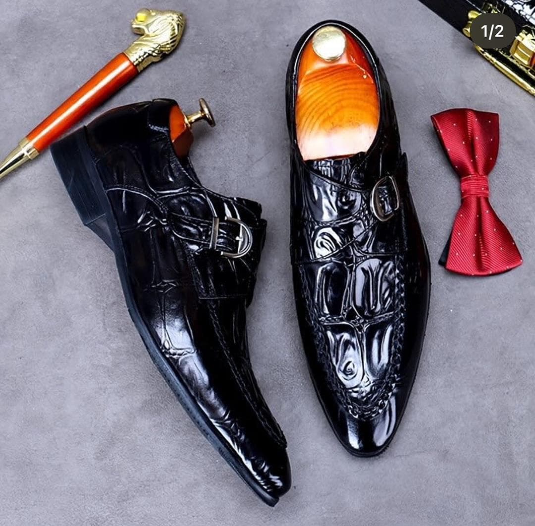 Men’s Glossy Croc-Embossed Monk Strap Dress Shoes