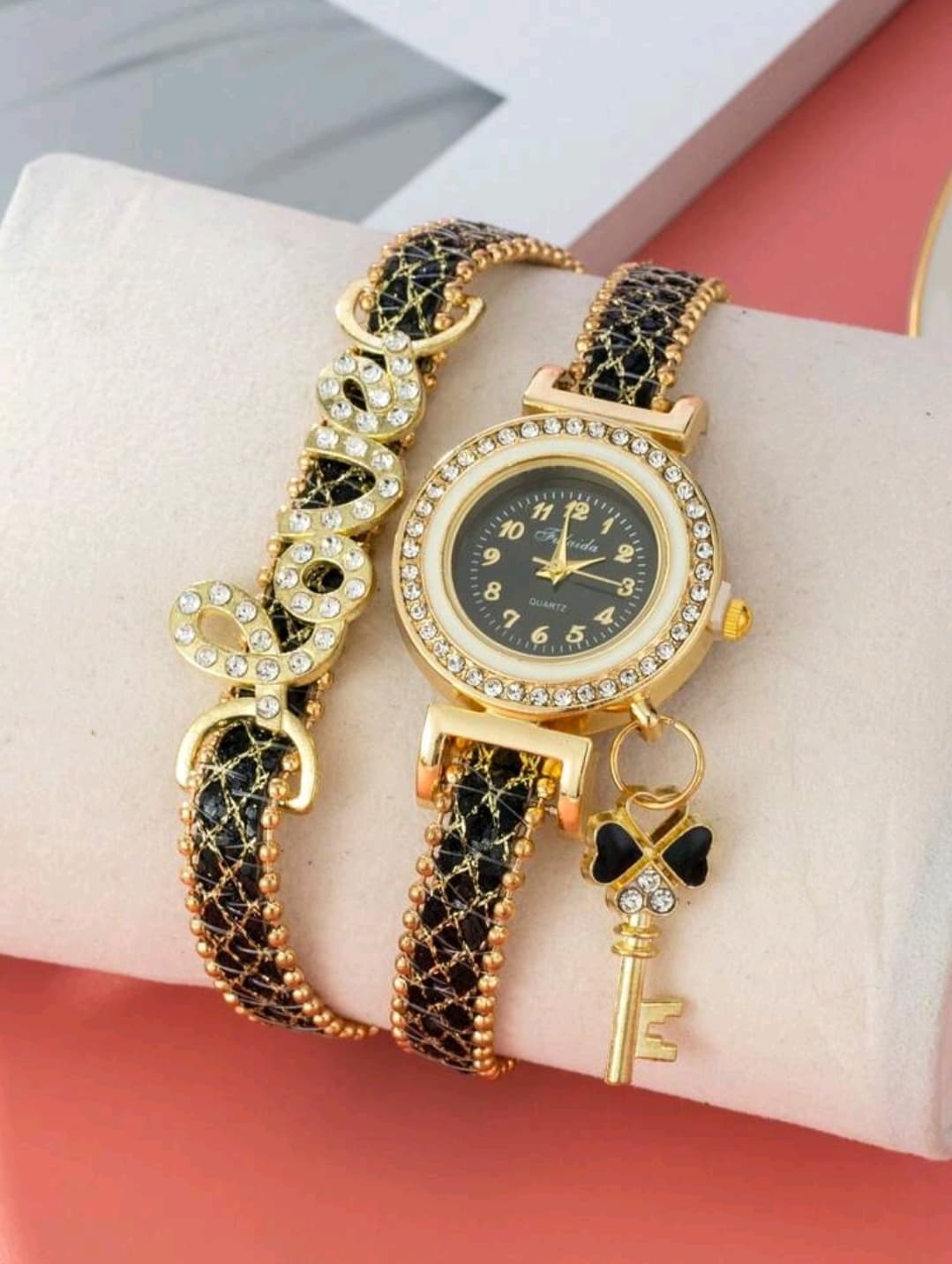 1pc Black PU Polyurethane Strap Glamorous Rhinestone Decor Round Dial Quartz Watch & 1pc Bracelet, For Daily Life