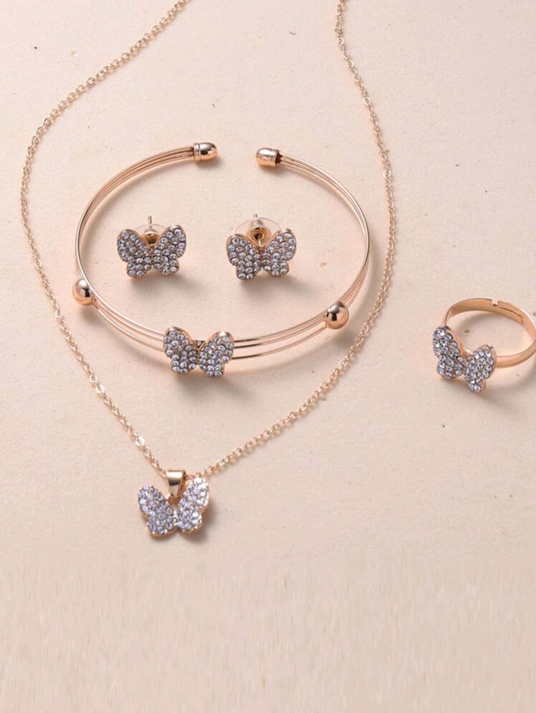 5pcs Girls Butterfly Diamond Set Casual Everything Bracelet Necklace Ring Earrings Jewelry