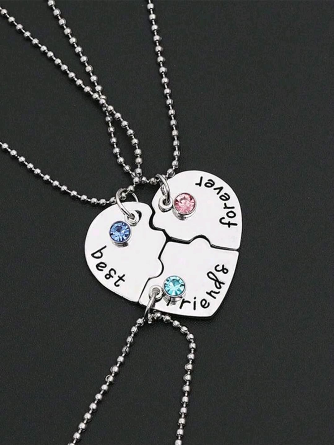 3pcs Heart Shaped Rhinestone Inlaid Necklace With Lettering And Friend Charm Detail, Gift