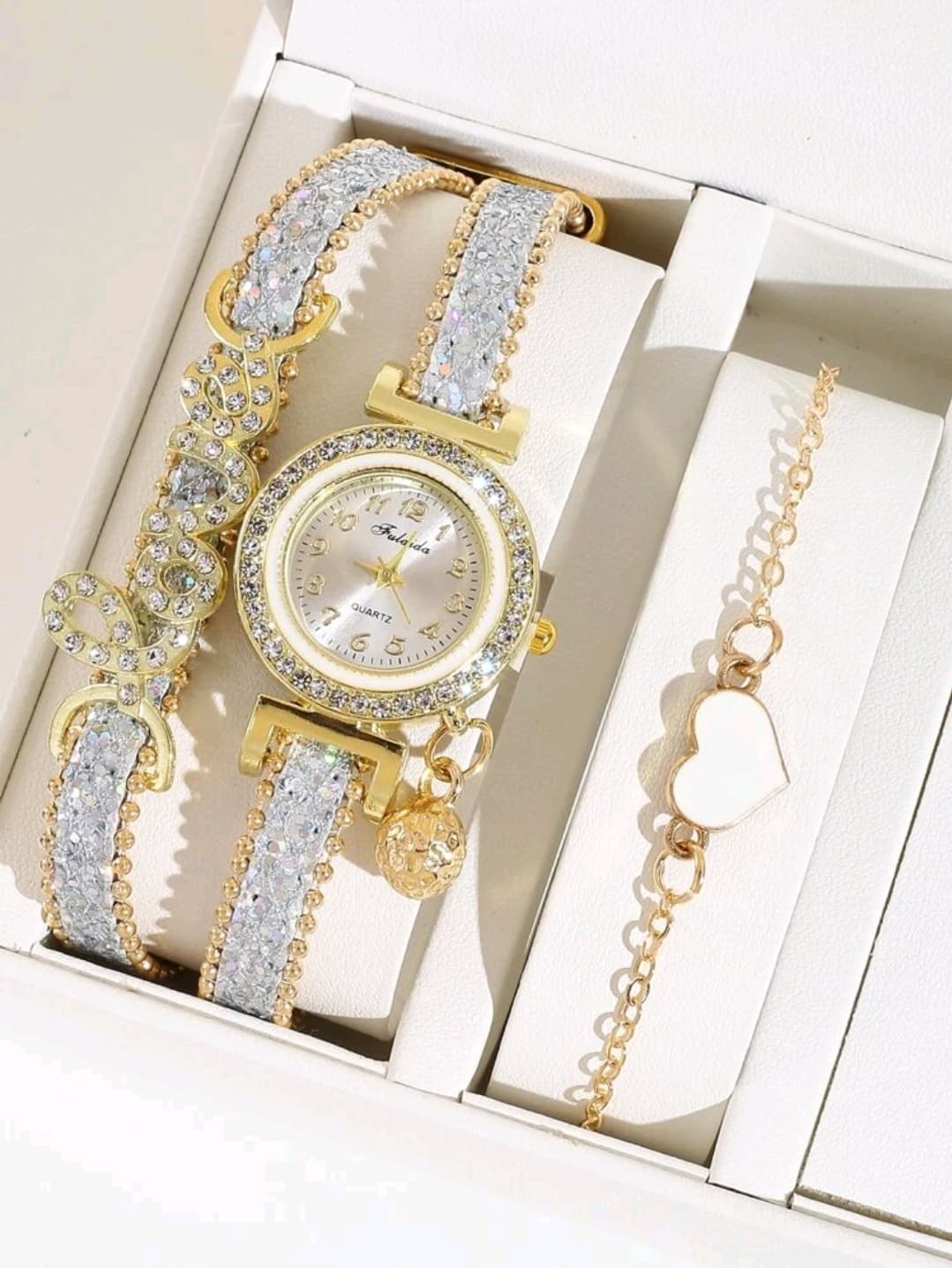 1pc Rhinestone Decor Quartz Watch & 1pc Bracelet Holiday