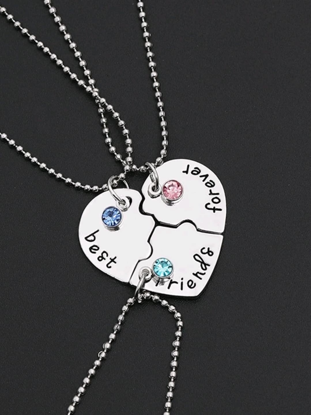 3pcs Gemstone Decor Letter Detail Heart Pendant Necklace