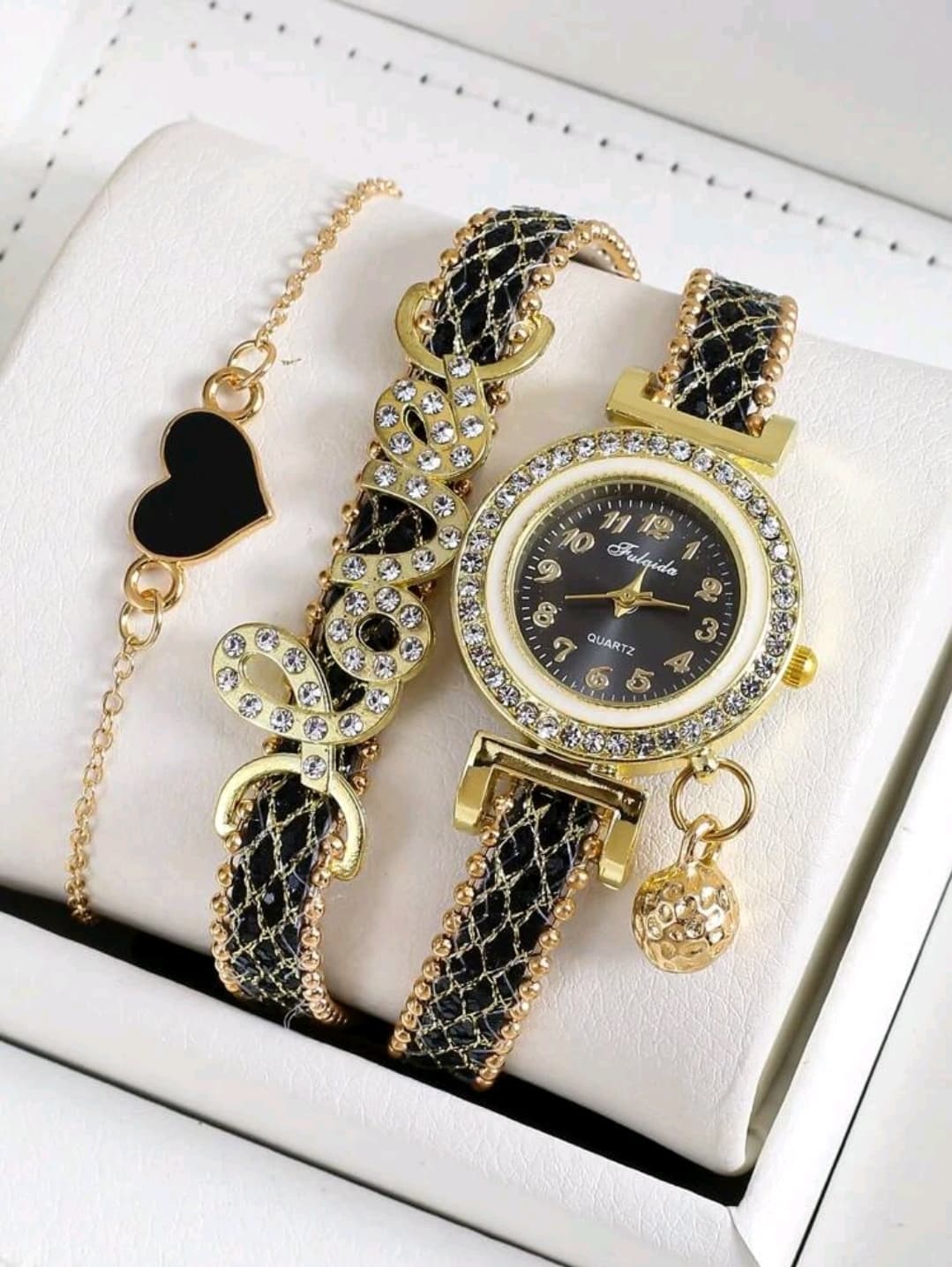 1pc Women Black Zinc Alloy Strap Glamorous Rhinestone Letter Decor Round Dial Quartz Watch & 1pc Bracelet, For Party Holiday