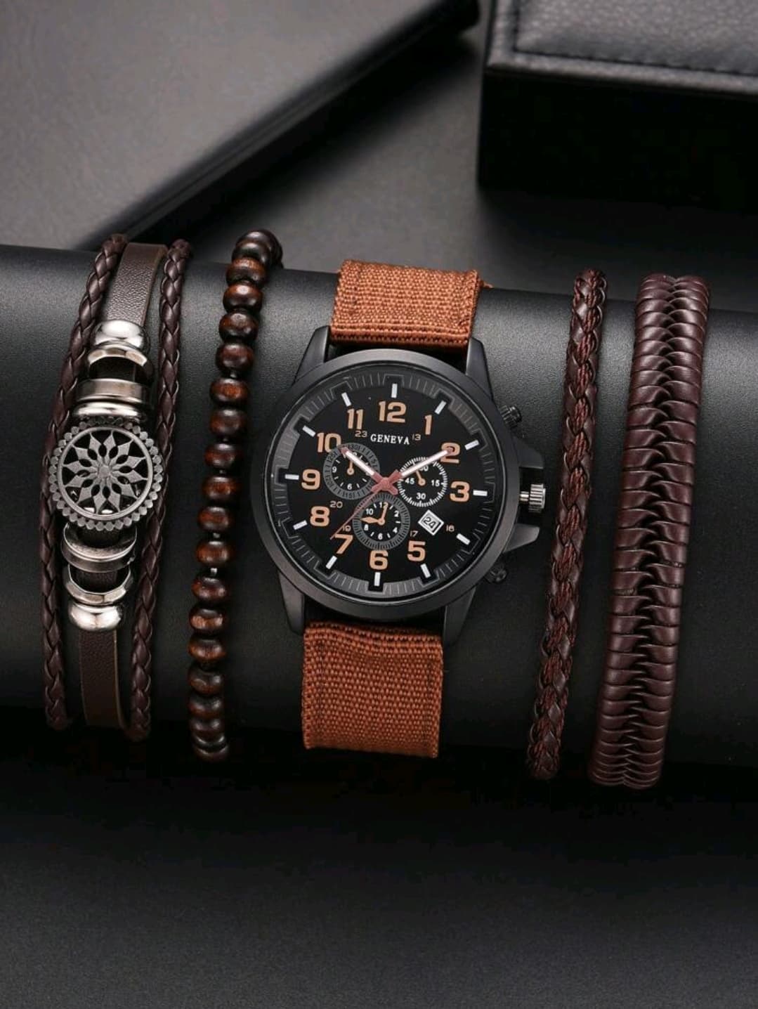 5pcs/Set Men Watch Men's Brown Canvas Strap Quartz Wristwatch With Business Fashion Design, Matched With Braided Pu Leather Bracelet, Date Function Available