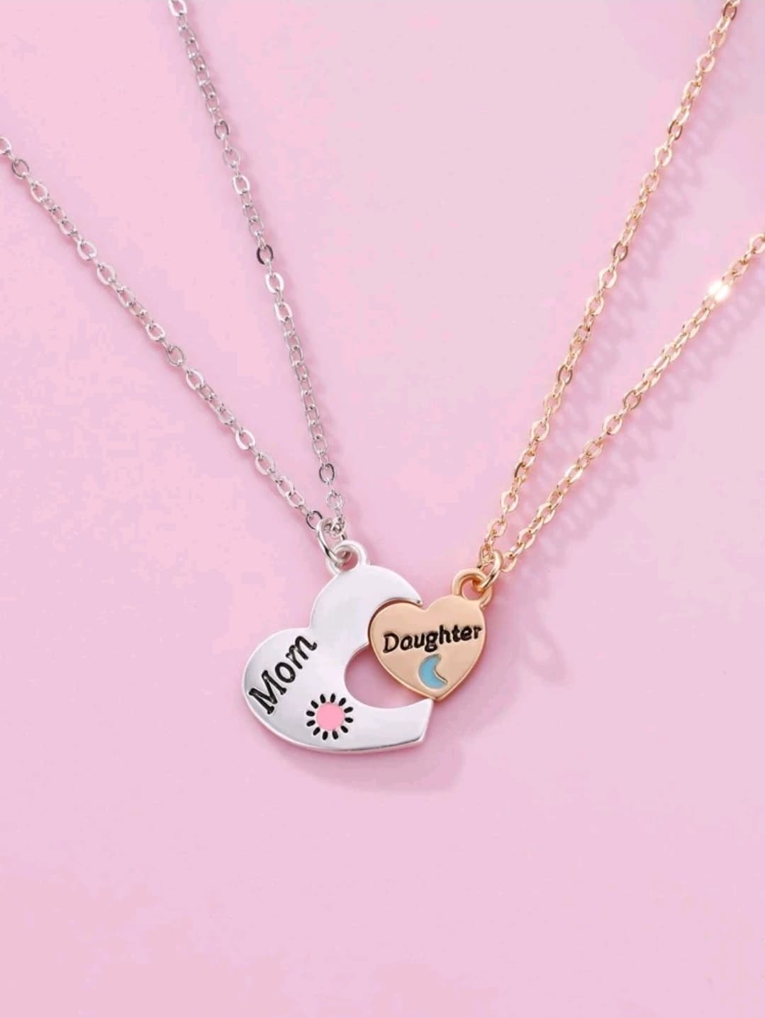 2pcs/Set Girls' Zinc Alloy Necklaces With Heart Sun & Moon Pendant, Ideal For Mother's Day/Mom, Daughter Gift