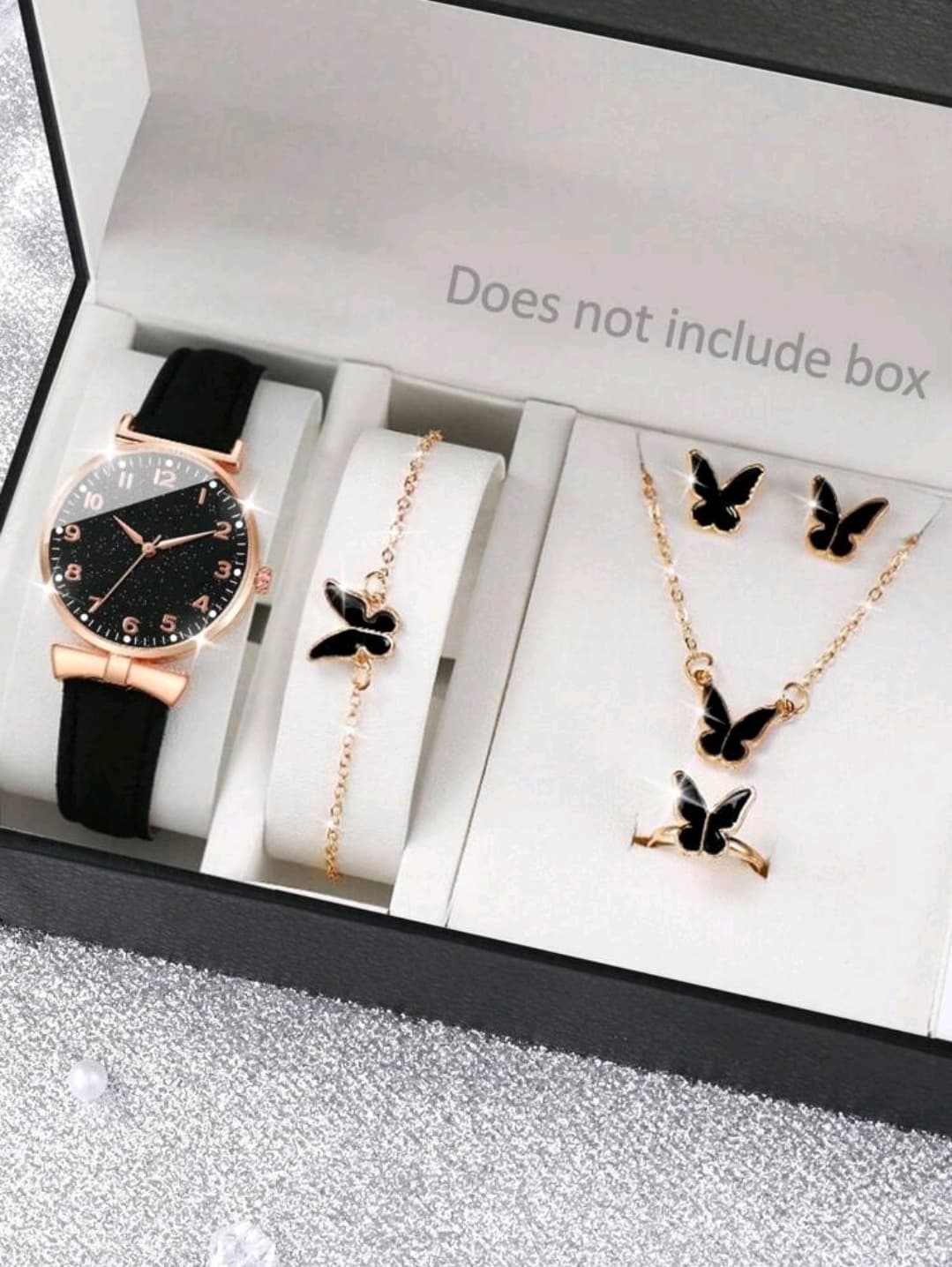 Girls' PU Leather Strap Watch Fashionable Starry Sky Digital Dial Quartz Wristwatch + Butterfly Jewelry Set (6pcs)