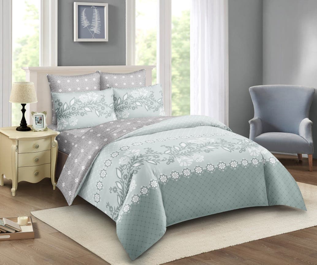 10-Piece Luxury Duvet Set – Floral Mint Green & Grey